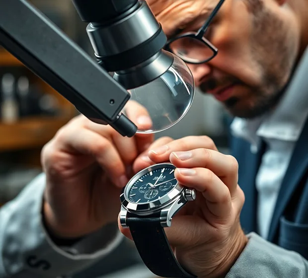 Certified specialist conducting visual inspection of a Rolex watch
